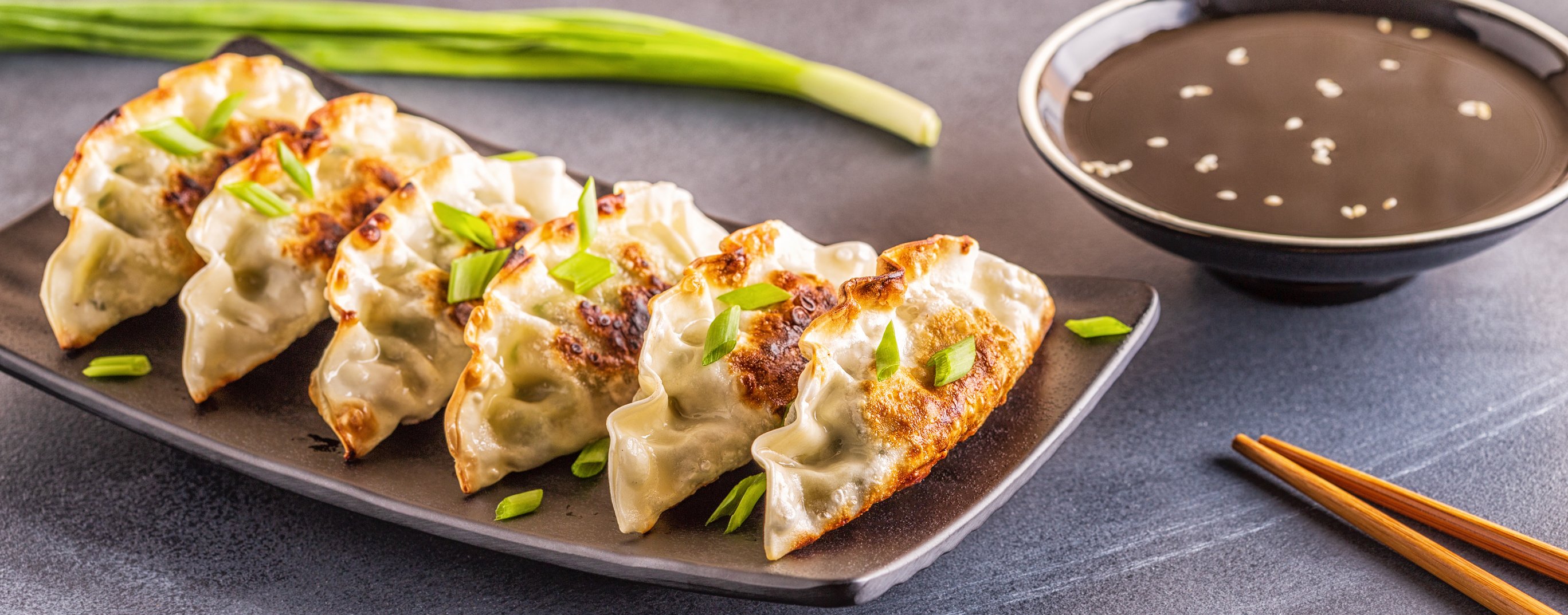 Fried Gyoza Plate and Chopsticks on Gray Concrete Background