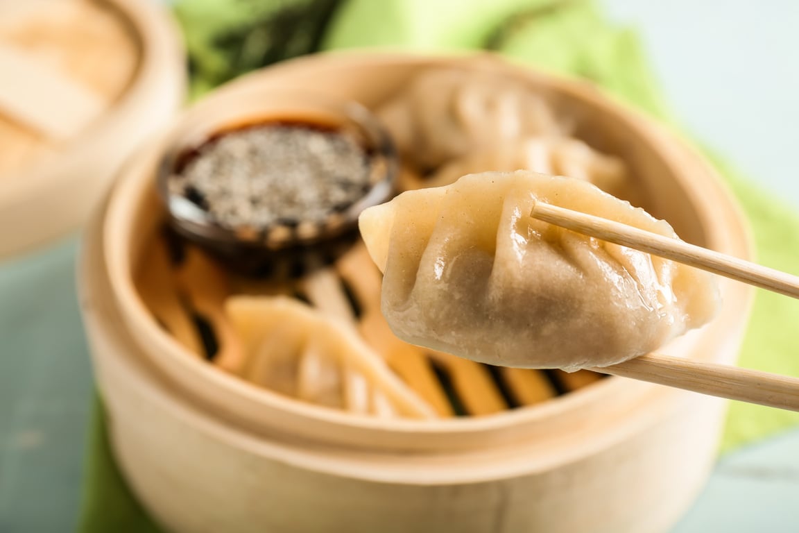 Eating of Tasty Japanese Gyoza, Closeup